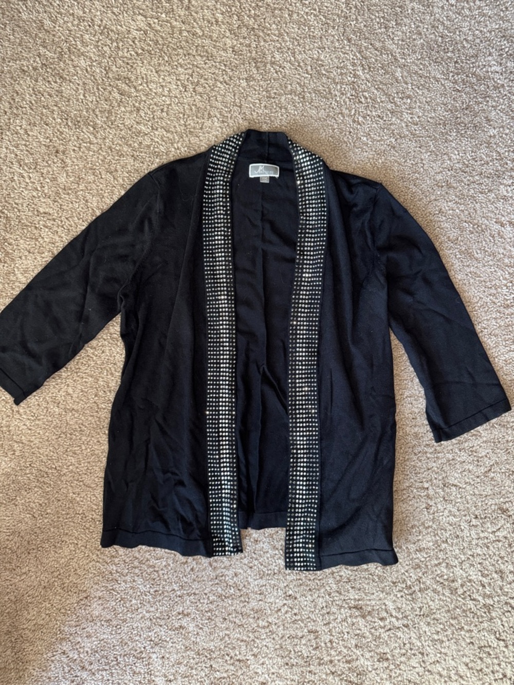 JM Collection Black Open-Front Cardigan with Rhinestone Trim